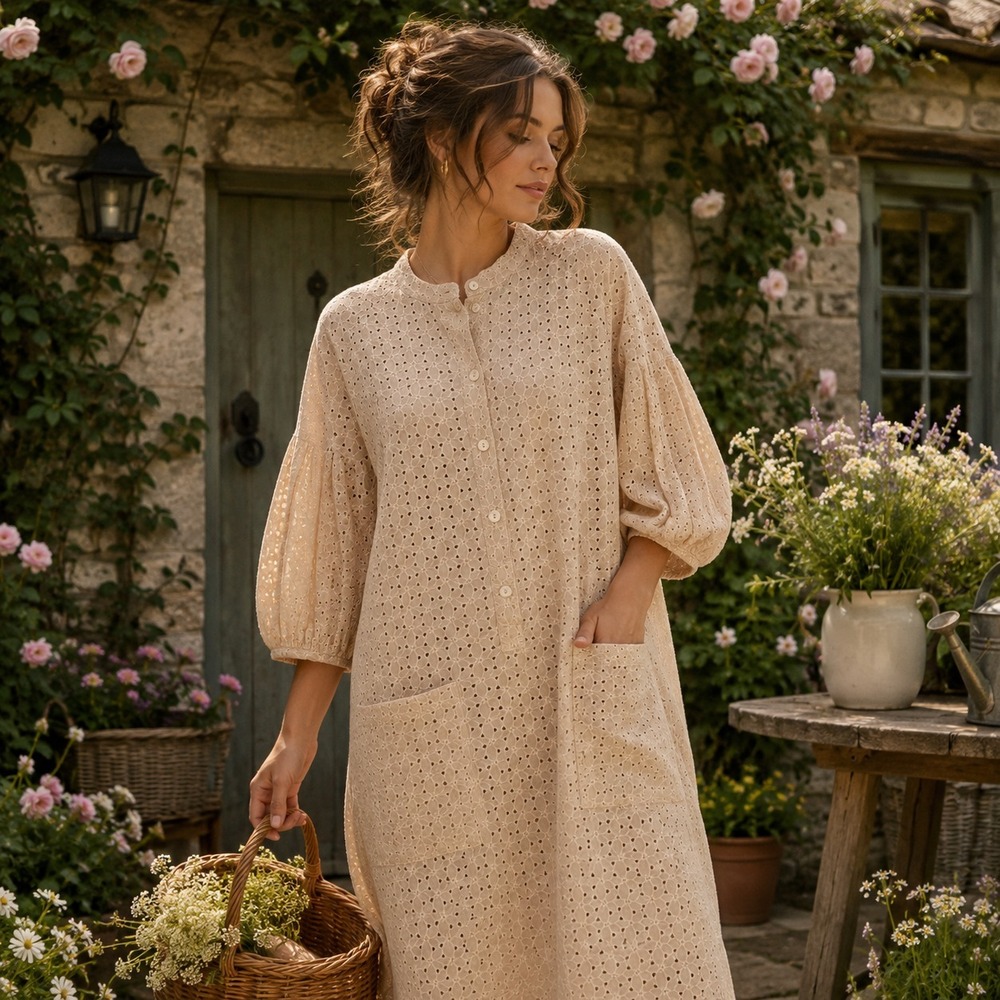 Wrap London Eyelet Midi Shirt Dress US 10 UK 14 Beige Sheer Cottage Boho Chic
